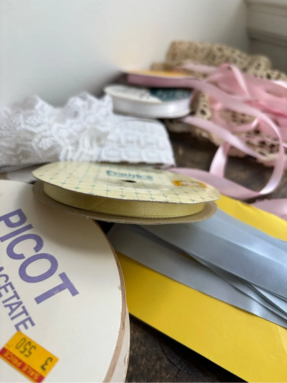Vintage lot of Mixed Satin Ribbons and White Lace Trim Bundle Destash